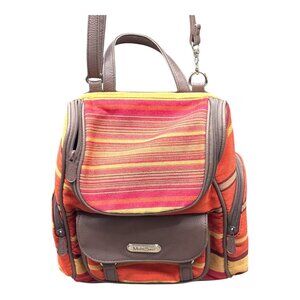 MultiSac Striped Backpack Purse Southwest Orange Brown Canvas Faux Leather Trim